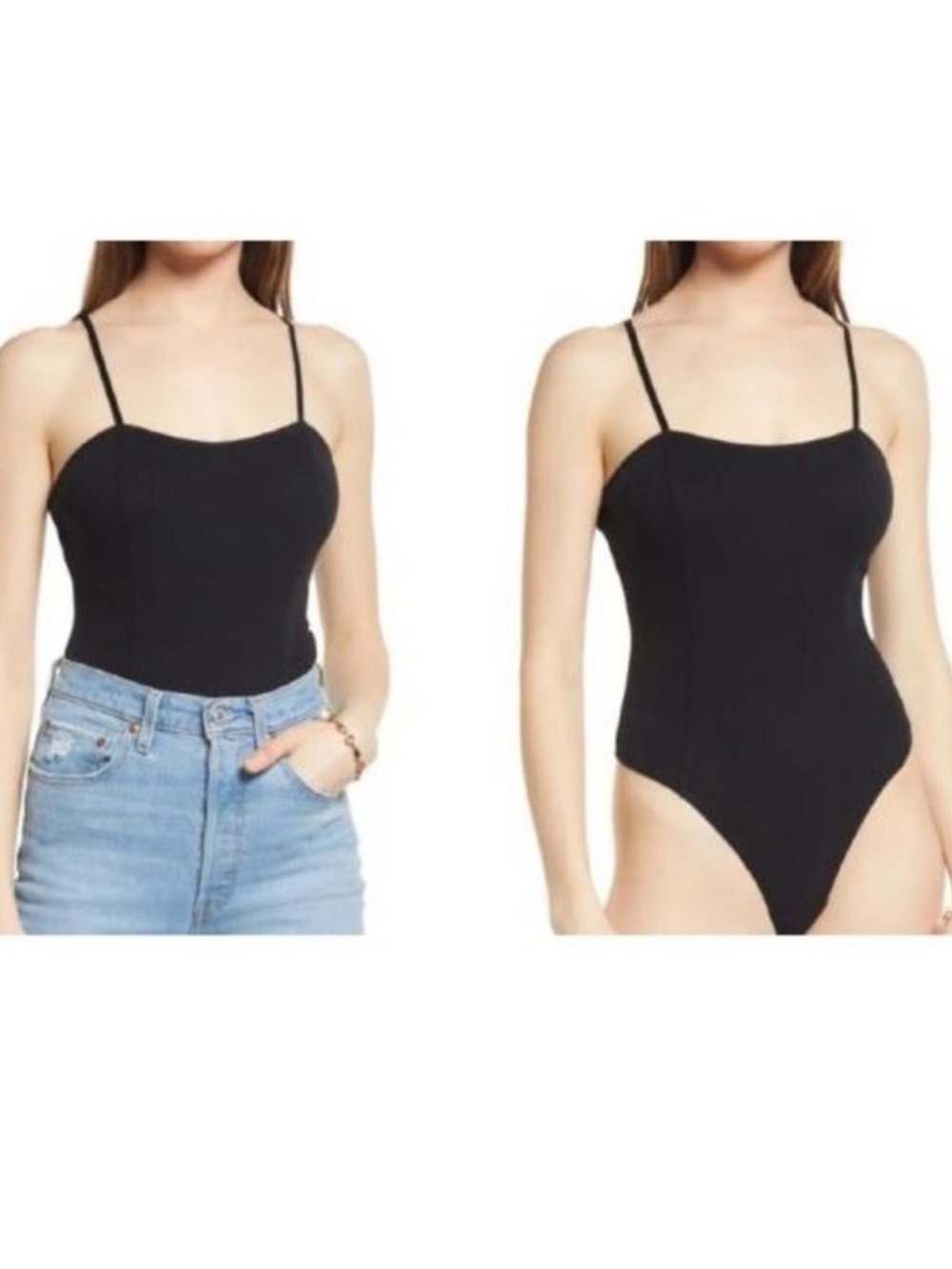 Black Cami Cut Ribbed Thong Bodysuit